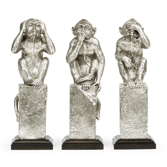 Three White Stainless Steel Wise Monkeys