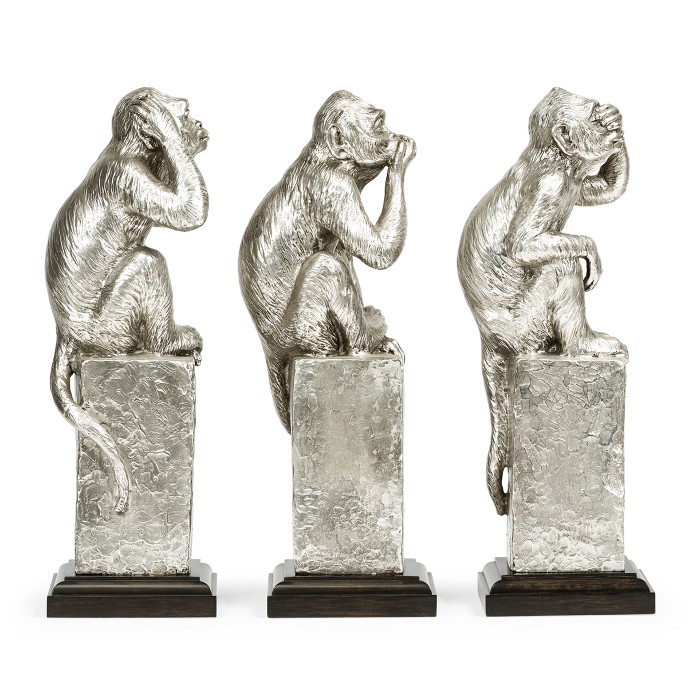 Three White Stainless Steel Wise Monkeys