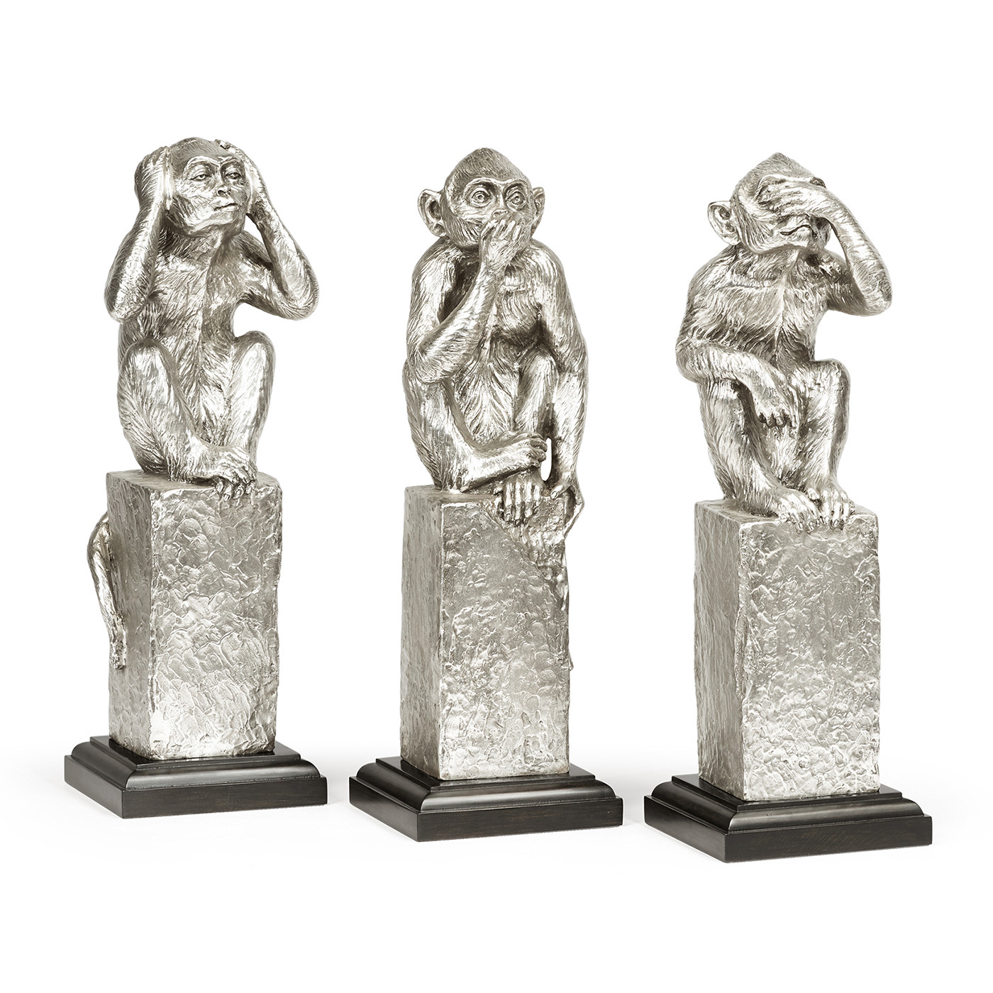 Three White Stainless Steel Wise Monkeys