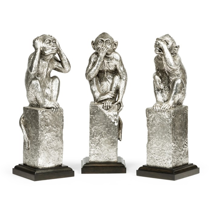 Three White Stainless Steel Wise Monkeys