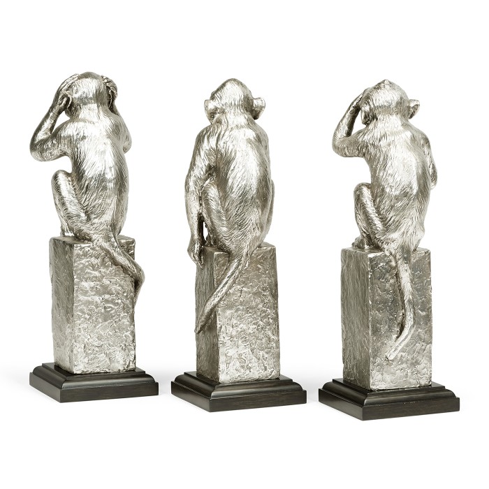 Three White Stainless Steel Wise Monkeys