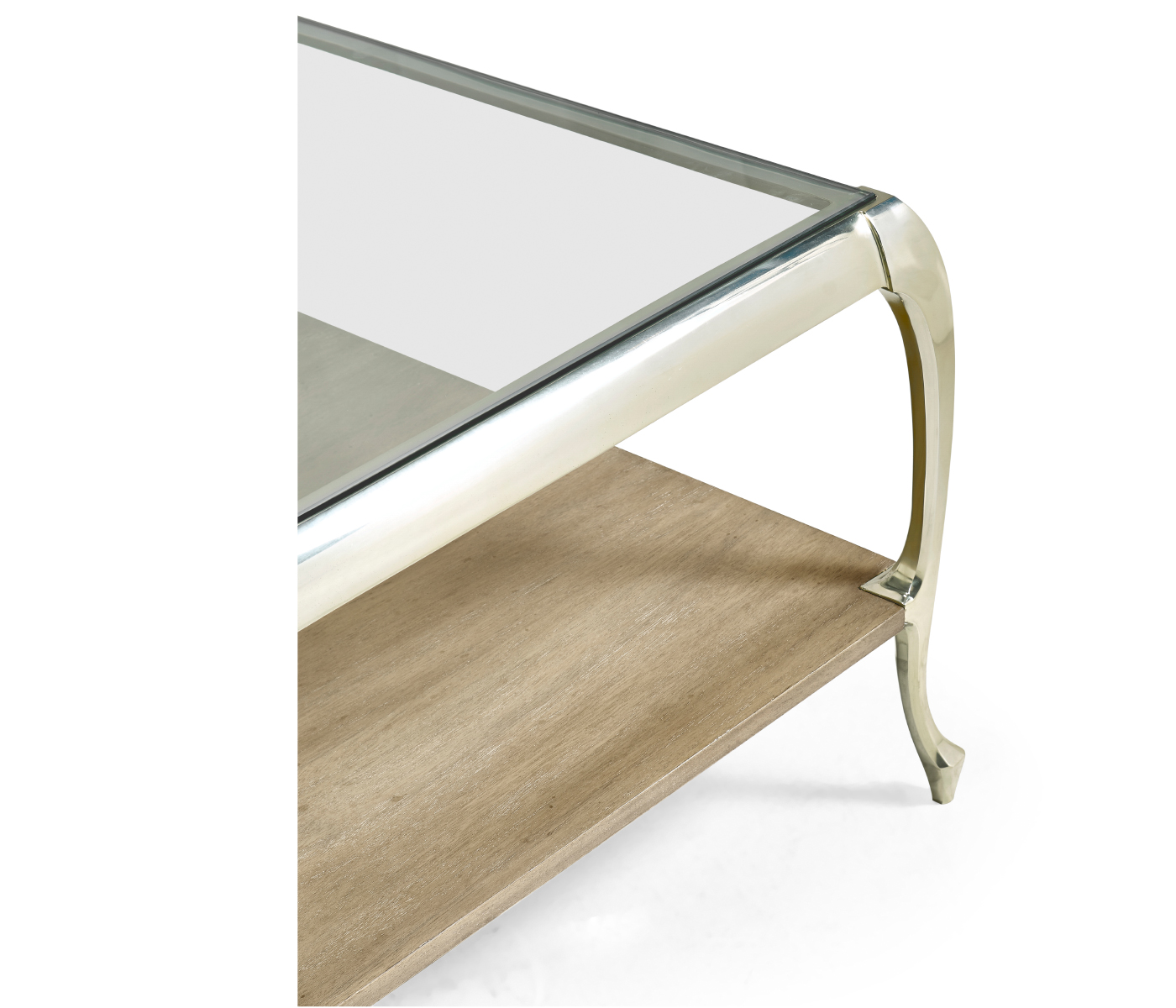 Square Rivoli Walnut & White Stainless Steel Cocktail Table with Clear Glass Top