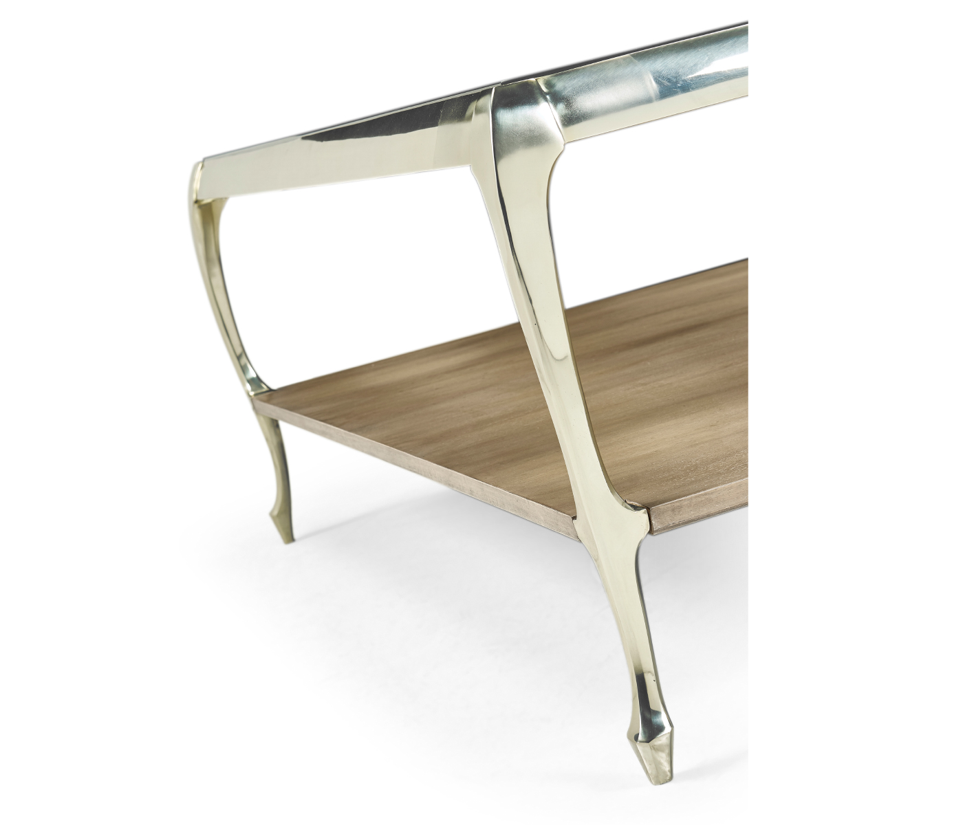 Square Rivoli Walnut & White Stainless Steel Cocktail Table with Clear Glass Top
