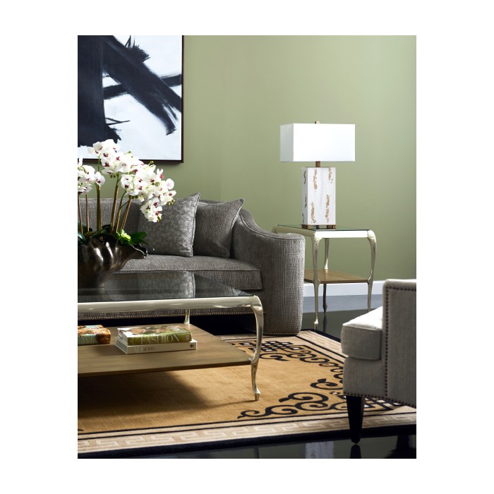 Square Rivoli Walnut & White Stainless Steel Cocktail Table with Clear Glass Top