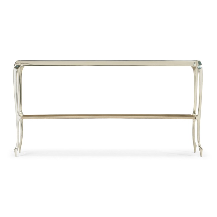 Narrow Rivoli Walnut & White Stainless Steel Console Table with Clear Glass Top