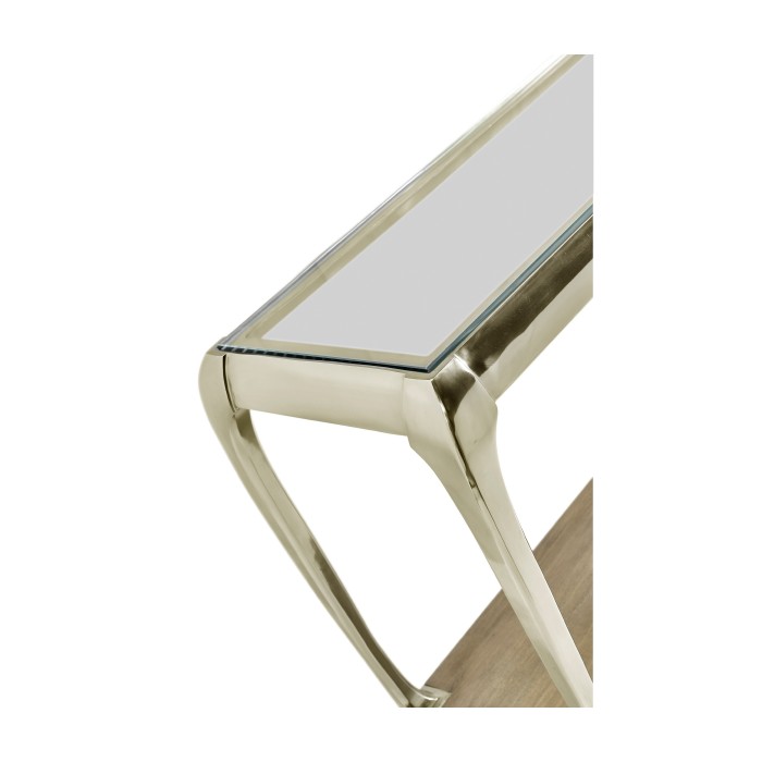 Narrow Rivoli Walnut & White Stainless Steel Console Table with Clear Glass Top