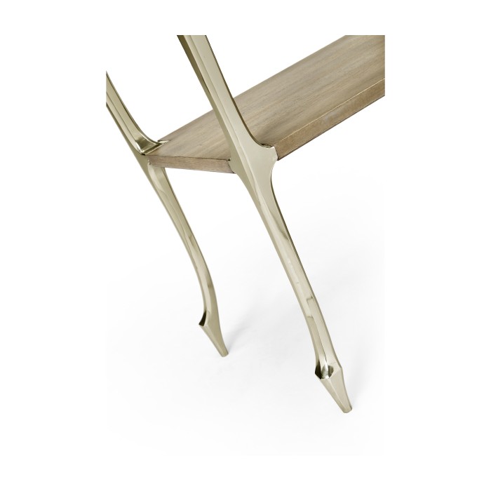 Narrow Rivoli Walnut & White Stainless Steel Console Table with Clear Glass Top