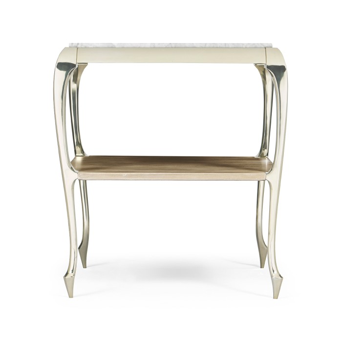 Square Rivoli Walnut & White Stainless Steel End Table with White Carrara Marble Top