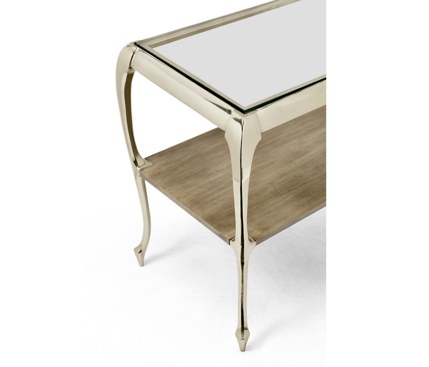 Short Rivoli Walnut & White Stainless Steel Console Table with Clear Glass Top