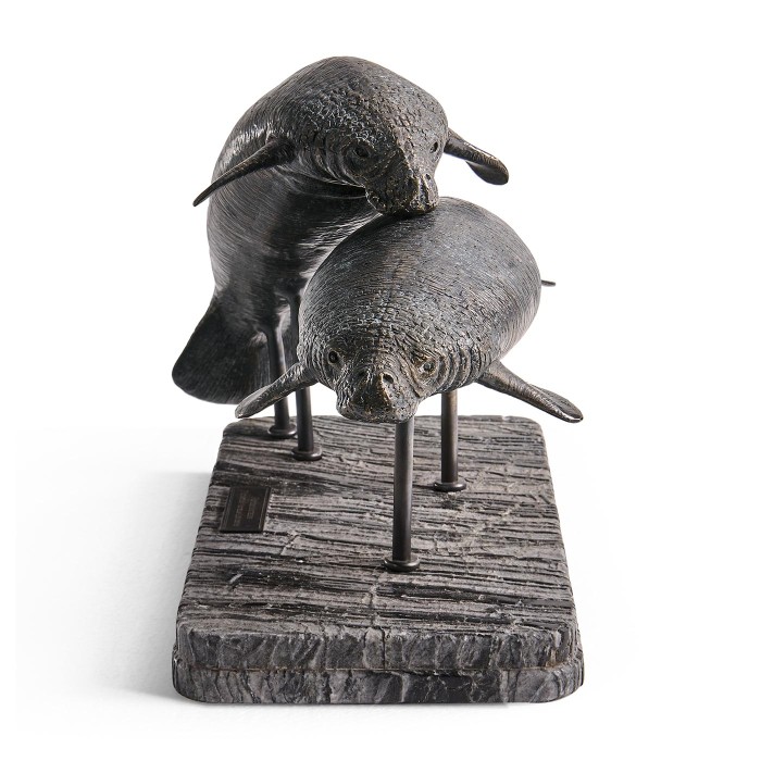 Raised Manatee Bronze Statue with Marble Base
