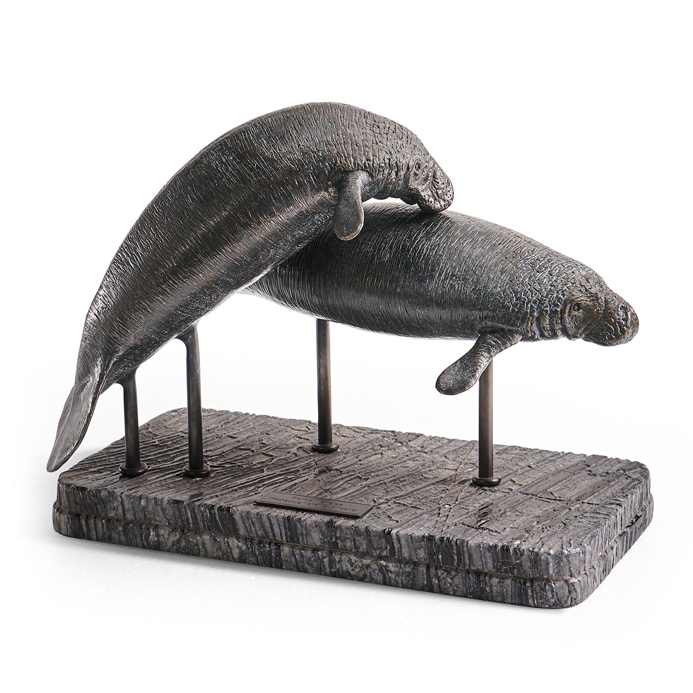 Raised Manatee Bronze Statue with Marble Base
