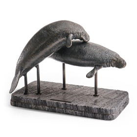 Raised Manatee Bronze Statue with Marble Base