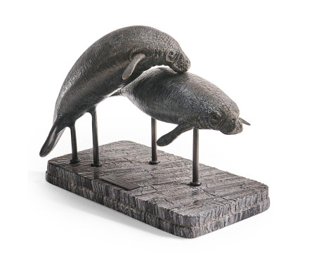 Raised Manatee Bronze Statue with Marble Base