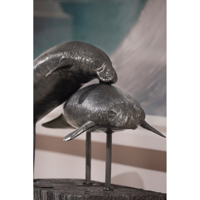 Raised Manatee Bronze Statue with Marble Base