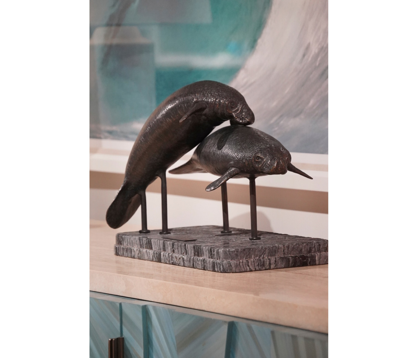 Raised Manatee Bronze Statue with Marble Base