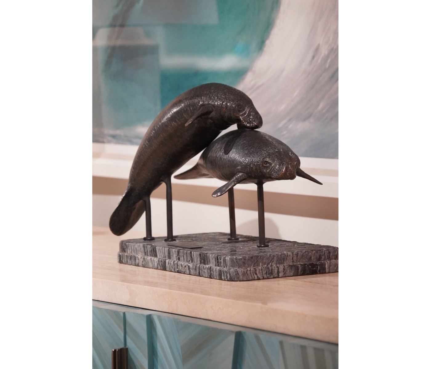 Raised Manatee Bronze Statue with Marble Base
