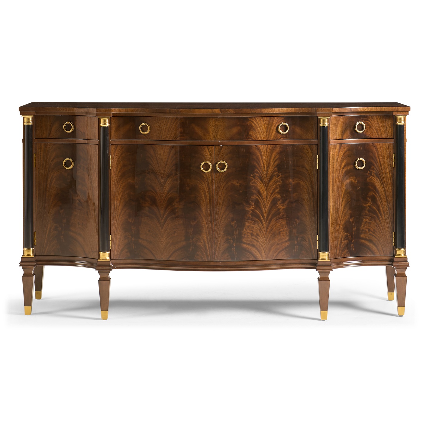 Serpentine antique brown mahogany sideboard with four doors