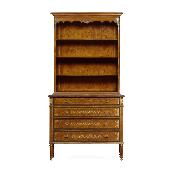 Tall Burl Walnut Bookcase on Chest