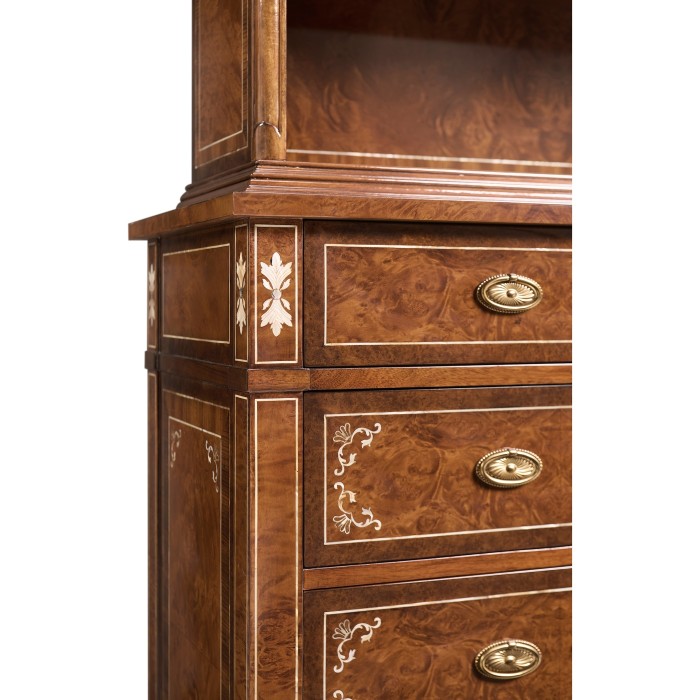 Tall Burl Walnut Bookcase on Chest