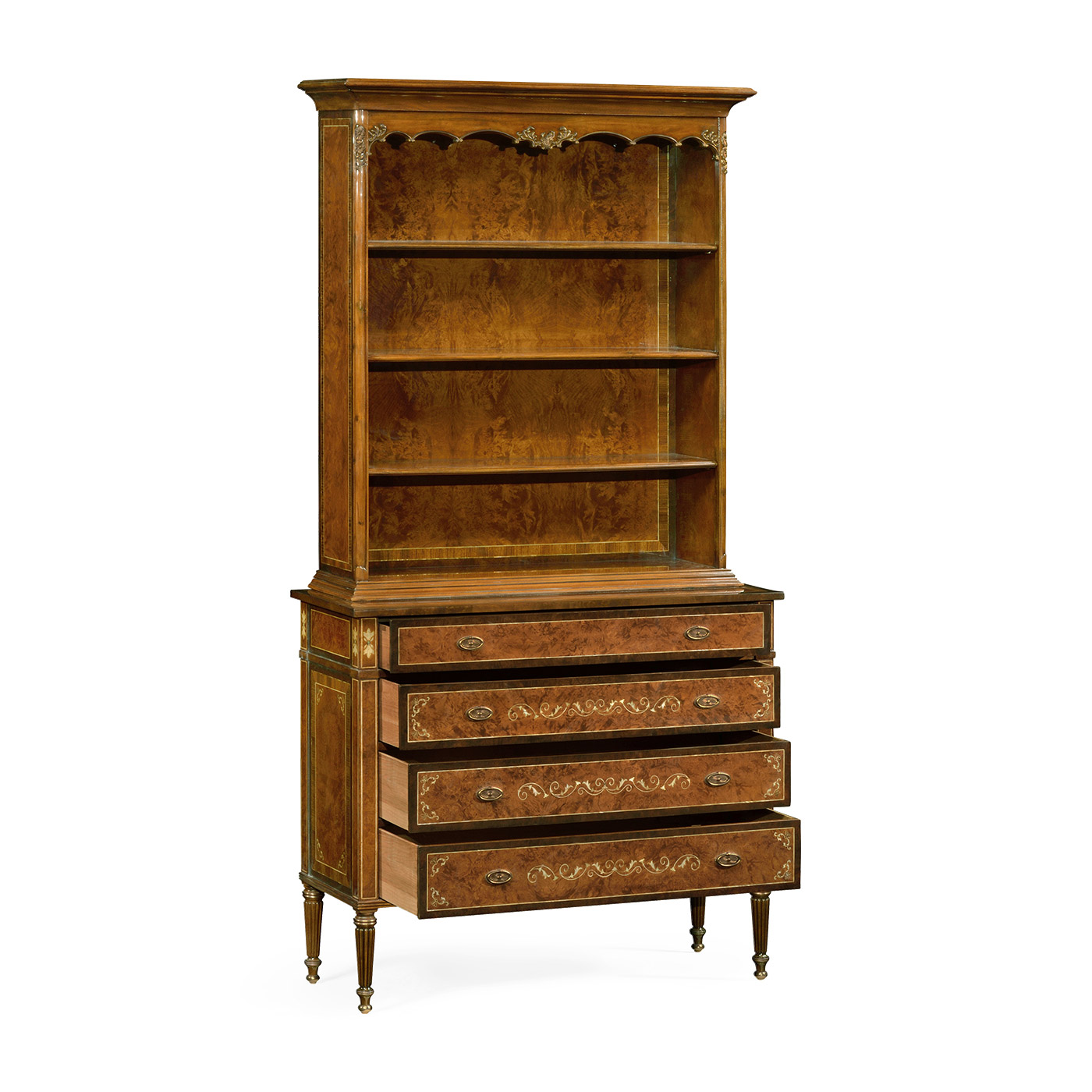 Tall Burl Walnut Bookcase on Chest