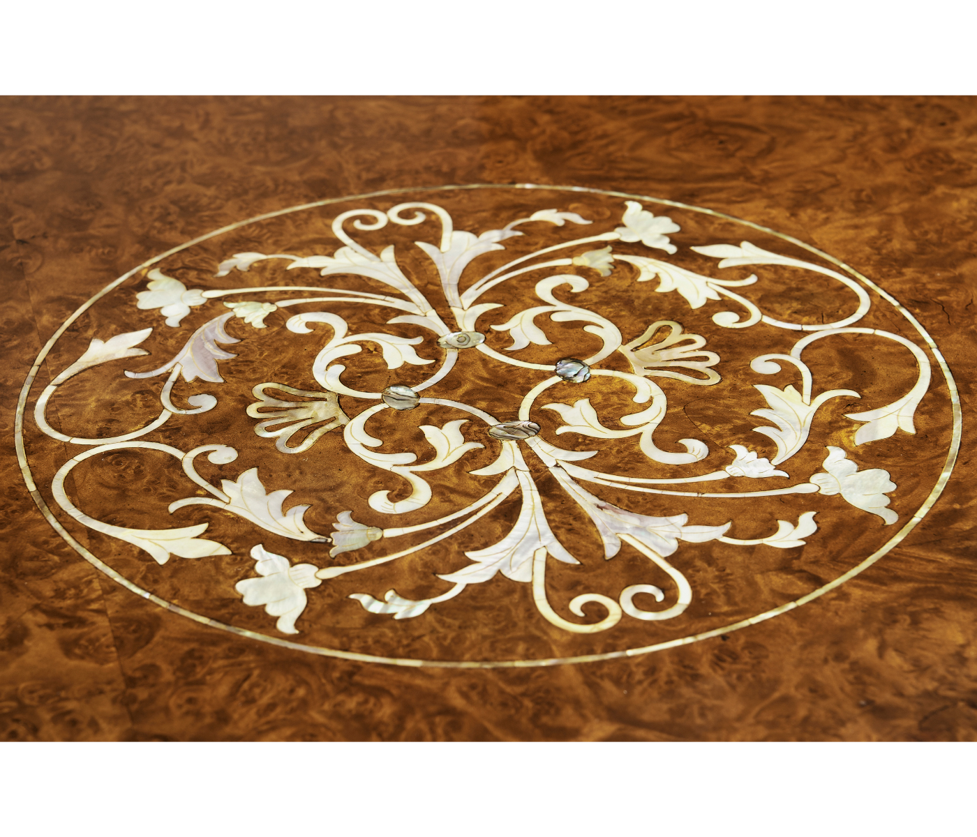 Burl & mother of pearl inlaid round side table