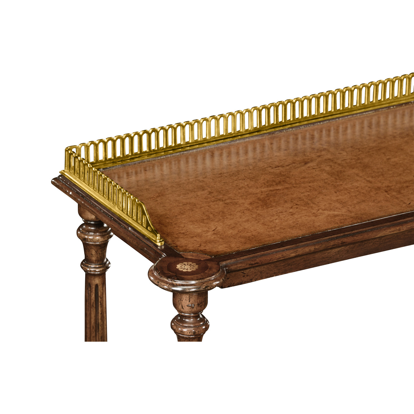 Mahogany, brass and leather inlaid 3-tier étagère with drawer