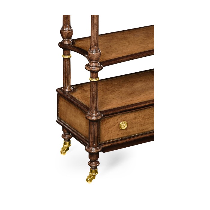 Mahogany, brass and leather inlaid 3-tier étagère with drawer