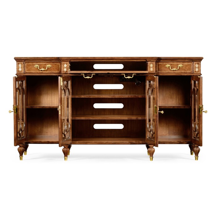 Burl & mother of pearl glazed display/entertainment cabinet
