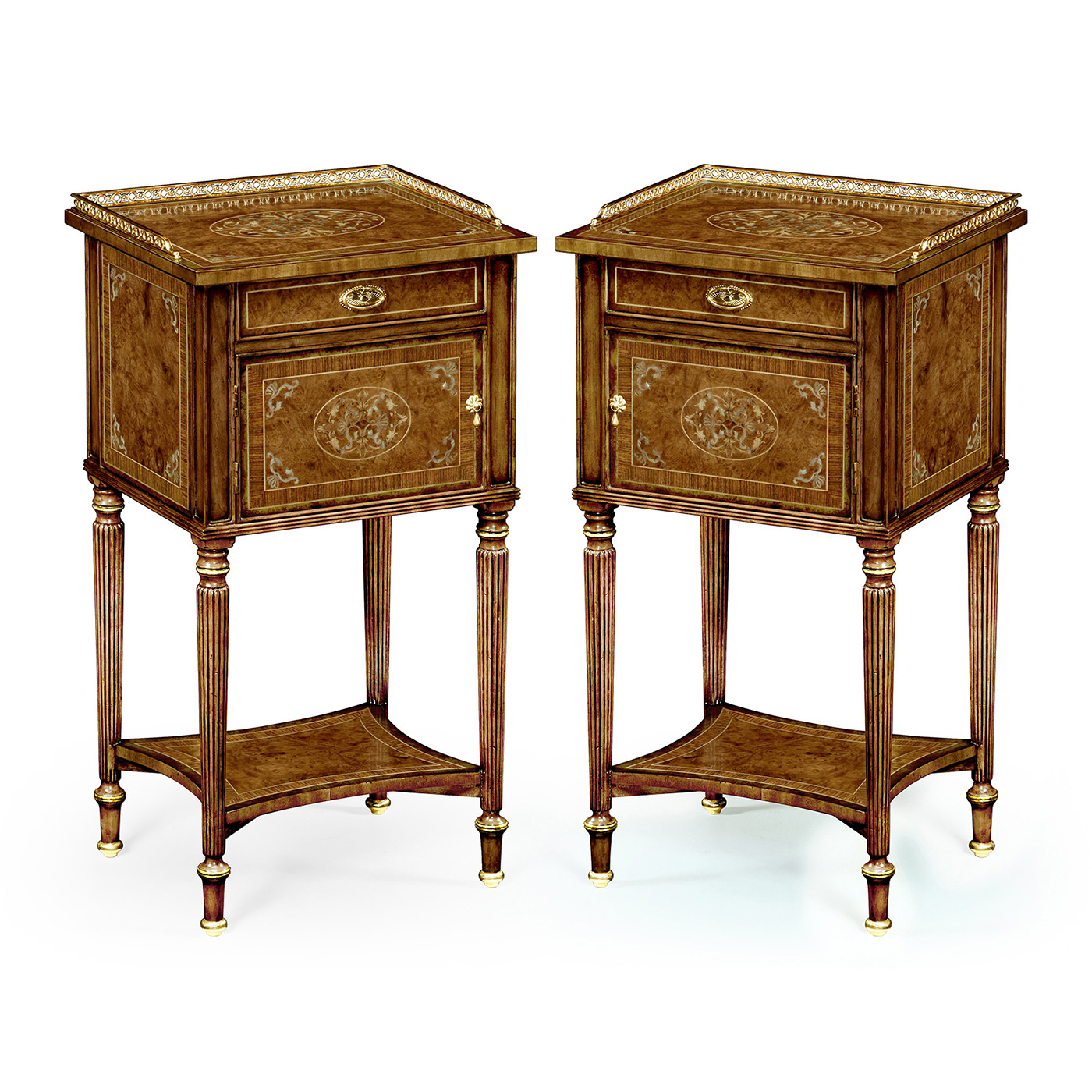 Pair of Burl & Mother of Pearl Bedside Cabinets with Undertier