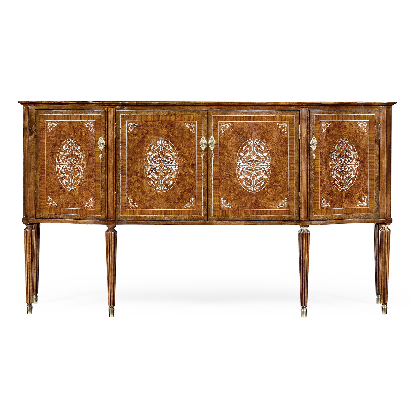 Burl and mother of pearl inlaid serpentine sideboard