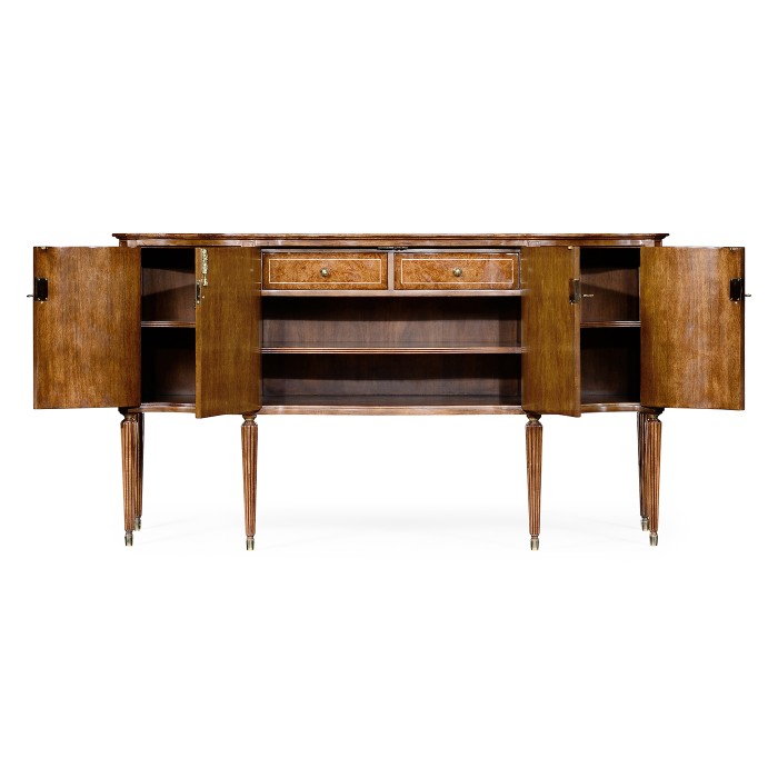 Burl and mother of pearl inlaid serpentine sideboard