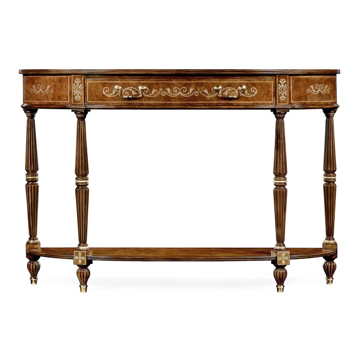Burl and mother of pearl inlaid demilune console