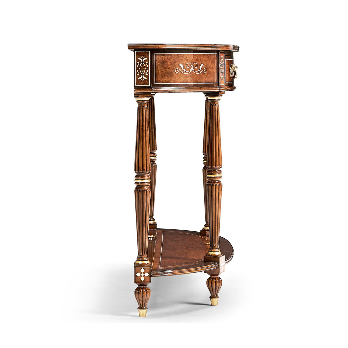 Burl and mother of pearl inlaid demilune console