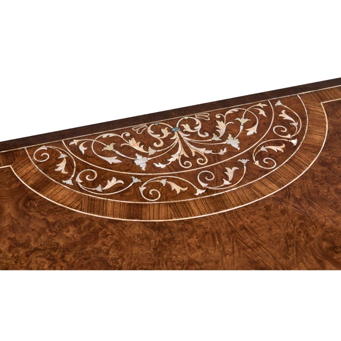 Burl and mother of pearl inlaid demilune console