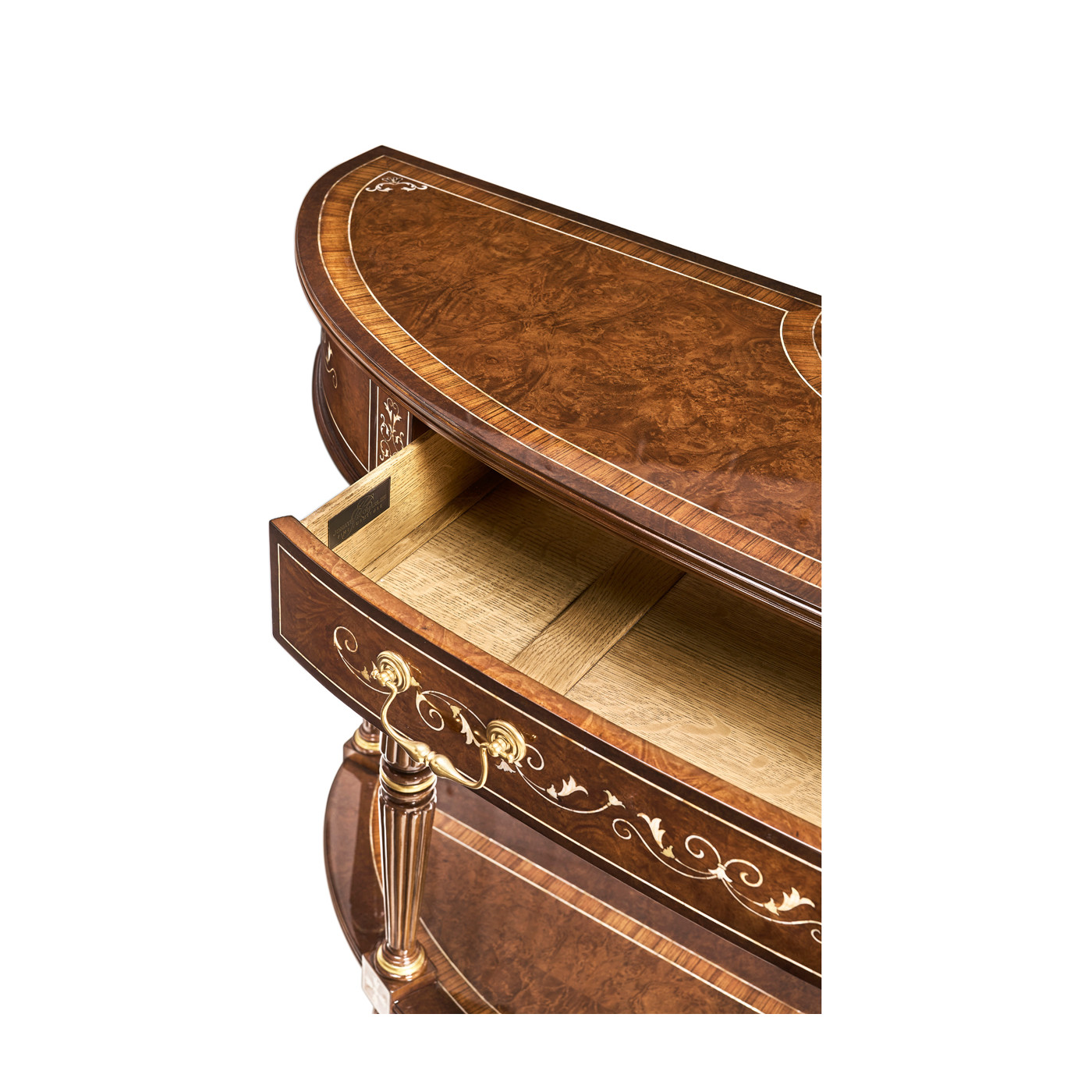 Burl and mother of pearl inlaid demilune console
