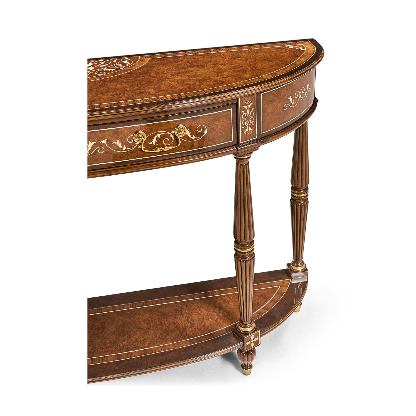 Burl and mother of pearl inlaid demilune console