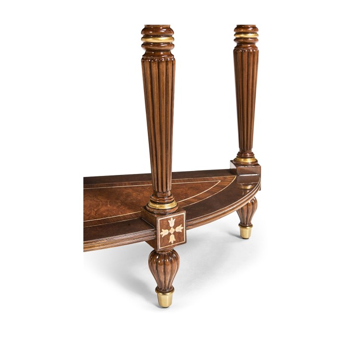 Burl and mother of pearl inlaid demilune console