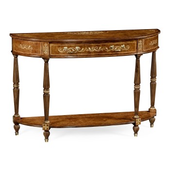 Burl and mother of pearl inlaid demilune console
