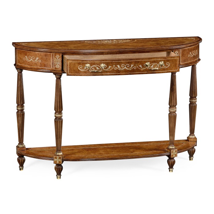 Burl and mother of pearl inlaid demilune console