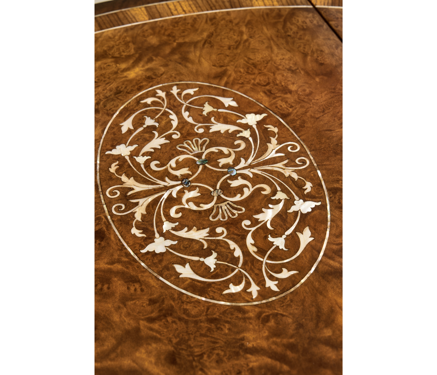 Burl & mother of pearl oval pembroke table