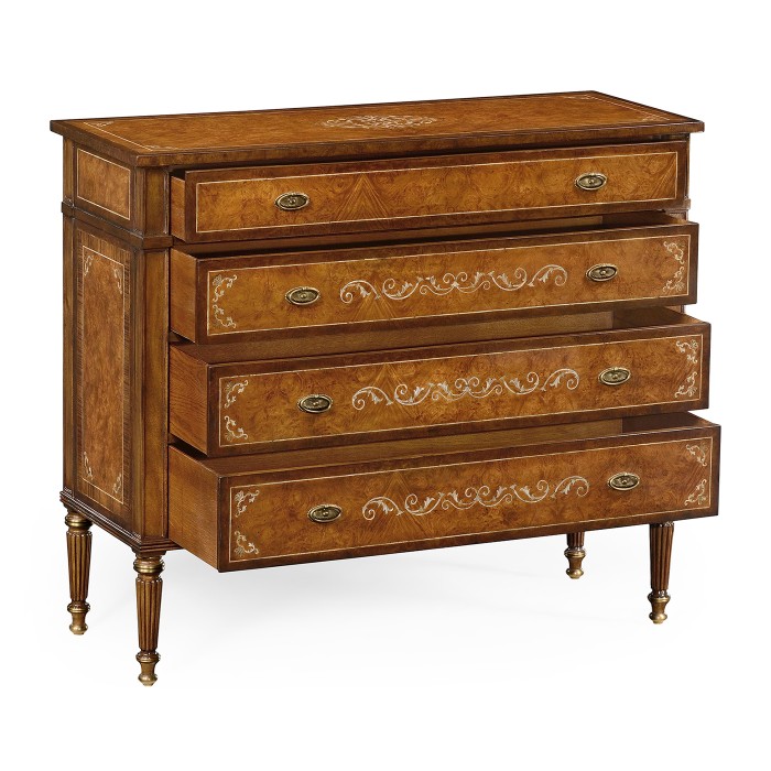 Burl and mother of pearl inlaid chest of drawers