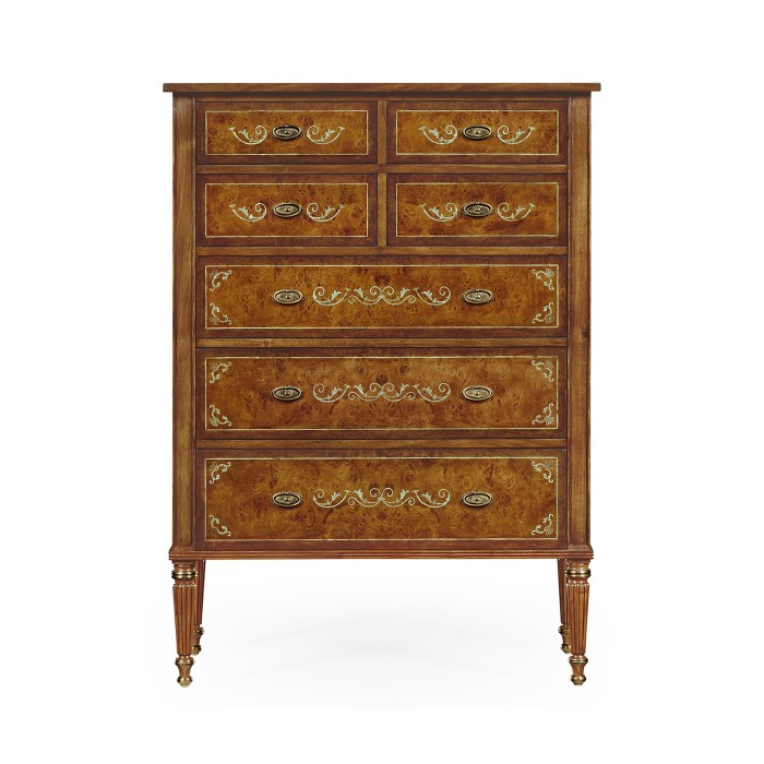 Burl & mother of pearl tall chest of drawers