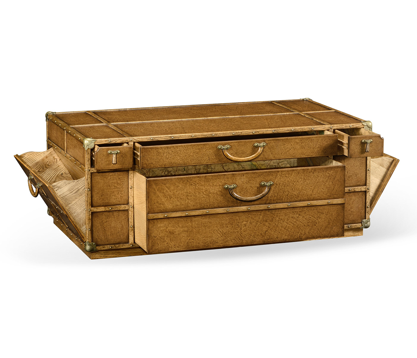 Travel trunk style coffee table with storage and brown leather