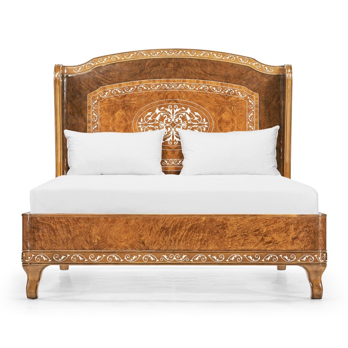 Louis XV Style Burl Walnut & Mother Of Pearl UK Queen Bed