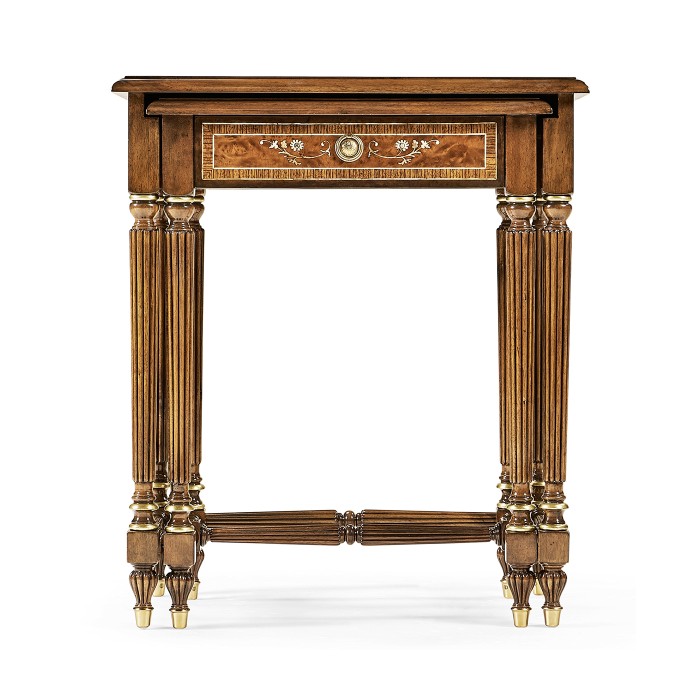 Burl and mother of pearl inlaid nest of two tables with carved legs