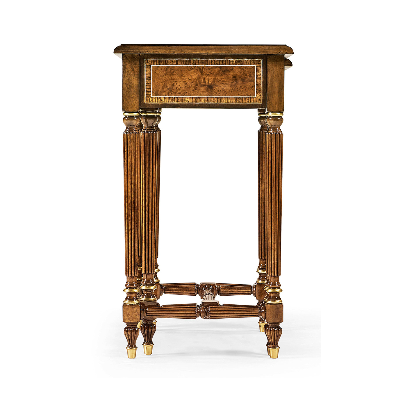 Burl and mother of pearl inlaid nest of two tables with carved legs