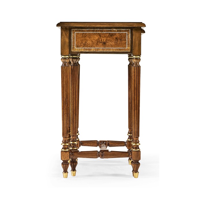 Burl and mother of pearl inlaid nest of two tables with carved legs