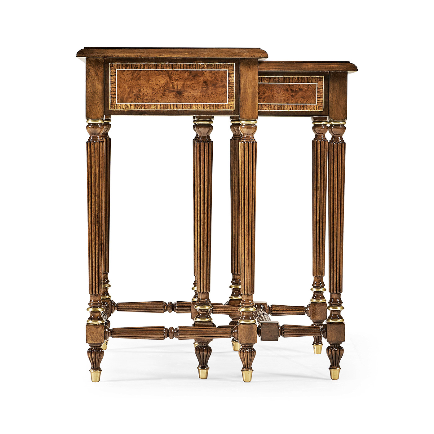 Burl and mother of pearl inlaid nest of two tables with carved legs