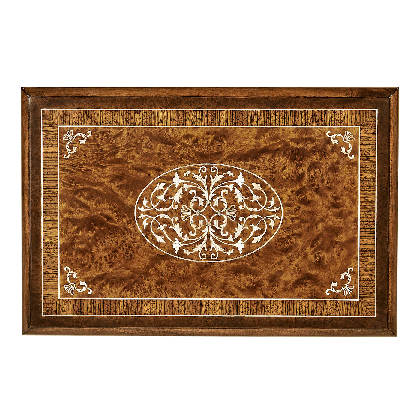 Burl and mother of pearl inlaid nest of two tables with carved legs