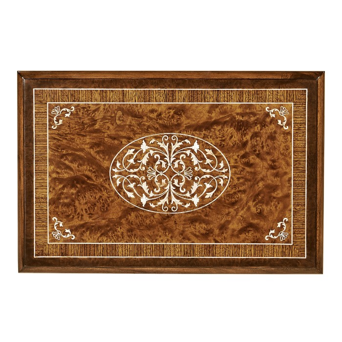 Burl and mother of pearl inlaid nest of two tables with carved legs